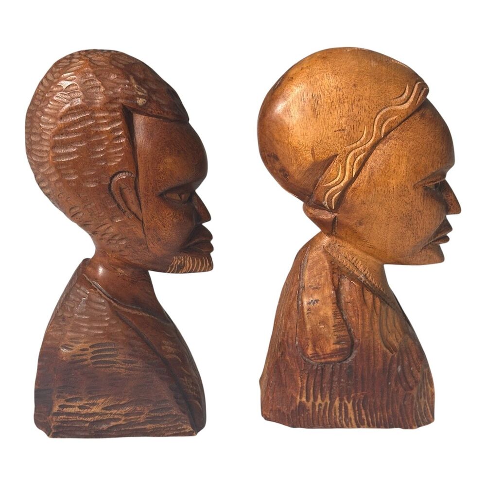 Vintage African Hand Carved‎ Dark Wood Male Female Head Statue Bust